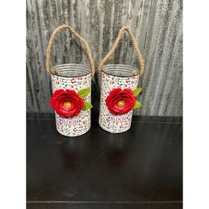 Set of 2 Tin Flower Pots Rustic Farmhouse Metal Planters with Rope Handles